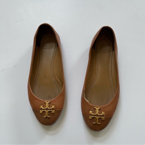 Tory Burch Shoes - Tory Burch Brown Leather Gold Logo Flats Size 7.5